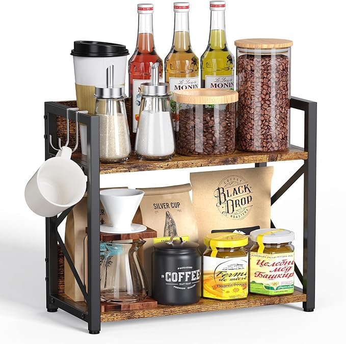 RUILALIFE Coffee-Bar-Station-Organizer Shelf for Countertop, 2 Tiers Kitchen Counter Shelf Riser, Wooden Spice Rack Organizer