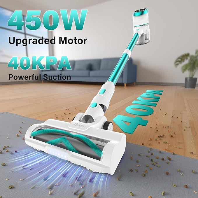 Tikom V500 Cordless Vacuum Cleaner for Home, 40000Pa/450W Stick Vacuum with LED Touch Screen, Charging Wall Dock, Anti-Tangle