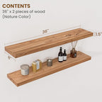 Floating Shelves for Wall Decor, 8" Deep Rustic Solid Elm Wood Floating Shelves Wall Mounted, Wall Shelves with Invisible Bra