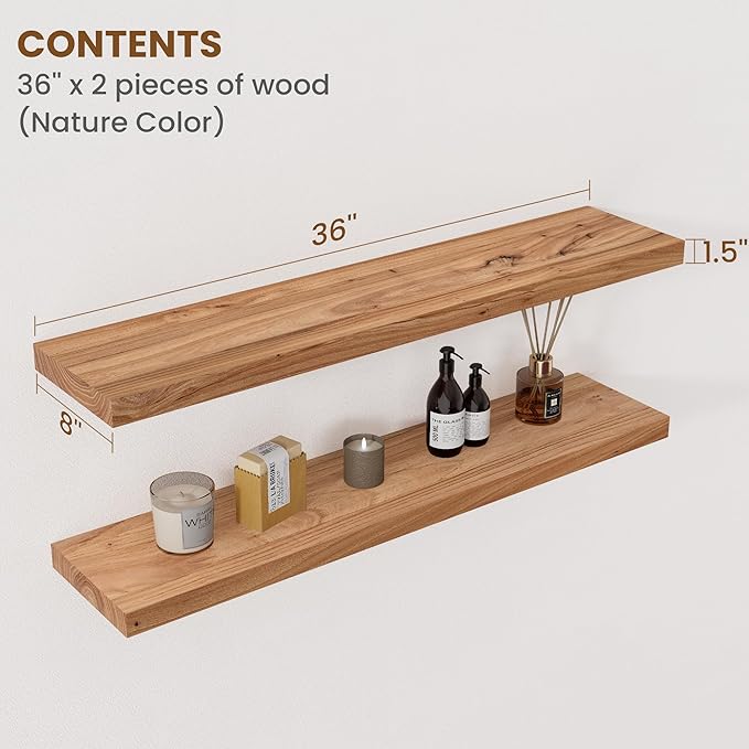 Floating Shelves for Wall Decor, 8" Deep Rustic Solid Elm Wood Floating Shelves Wall Mounted, Wall Shelves with Invisible Bra