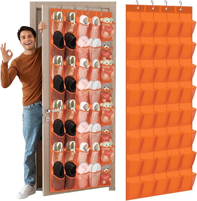 Windyun 40 Over the Door Shoe Organizer Large Mesh Pocket Hanging Shoe Rack for Closet Orange Nonslip Behind Door Storage Hol