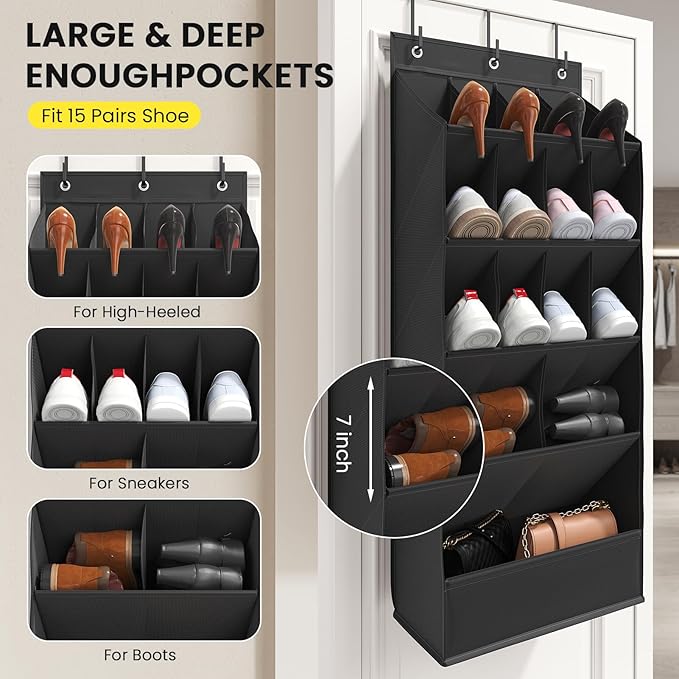 15 Pockets Over the Door Shoe Organizer, Shoe Rack for Closet Door with Large Breathable Pockets, Hanging Shoes Rack for Boot