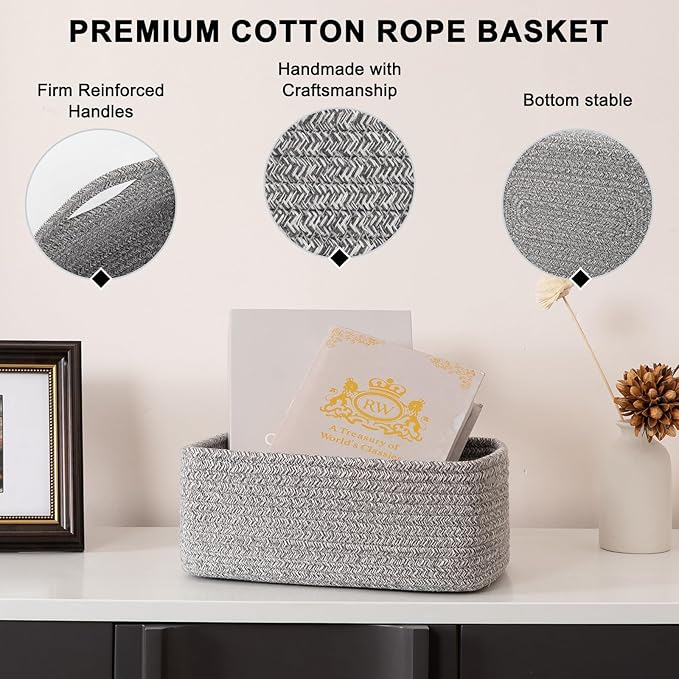 OIASKET 4 Pack Small Storage Shelf Baskets for Organizing, Mini Woven Rope Storage Bins for Towels, Cute Decorative Closet Or