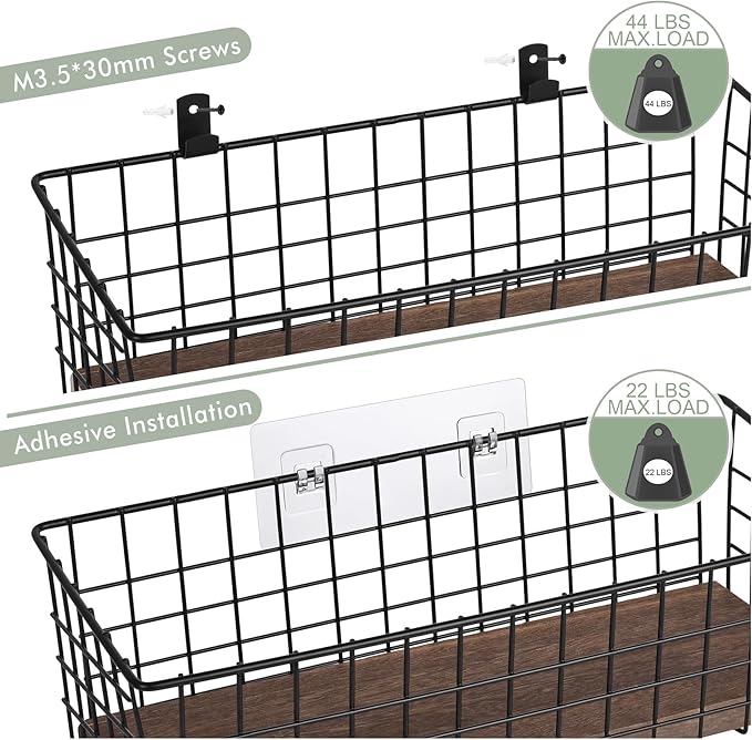 Wall Hanging Baskets 3 Pack, Diversified Wire Basket Shelves of Wooden Style, with Wall Mounted Hooks & Traceless Stickers, f