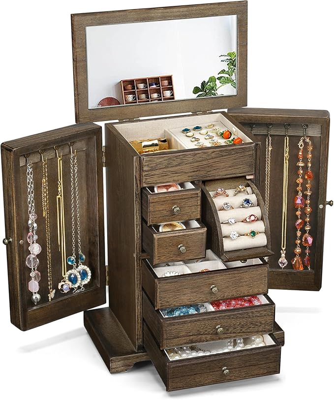 Jewelry Box for Women, Rustic Wooden Jewelry Boxes & Organizers with Mirror & Drawers,6 Layer Jewelry Organizer Box for Rings