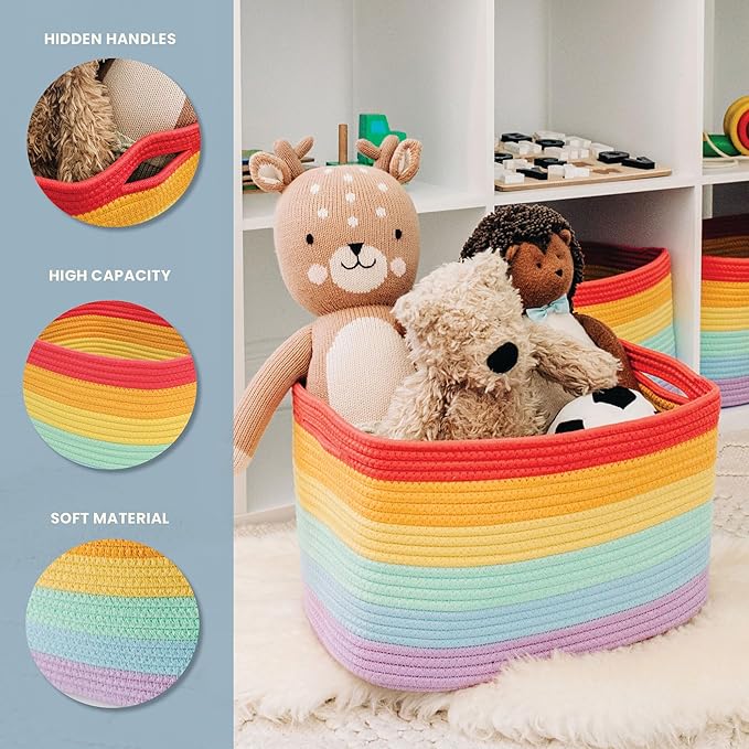 OrganiHaus Set of 3 Rainbow Baskets - Colorful Woven Storage Baskets for Playroom, Nursery & Classroom Decor, Toy Storage, 15