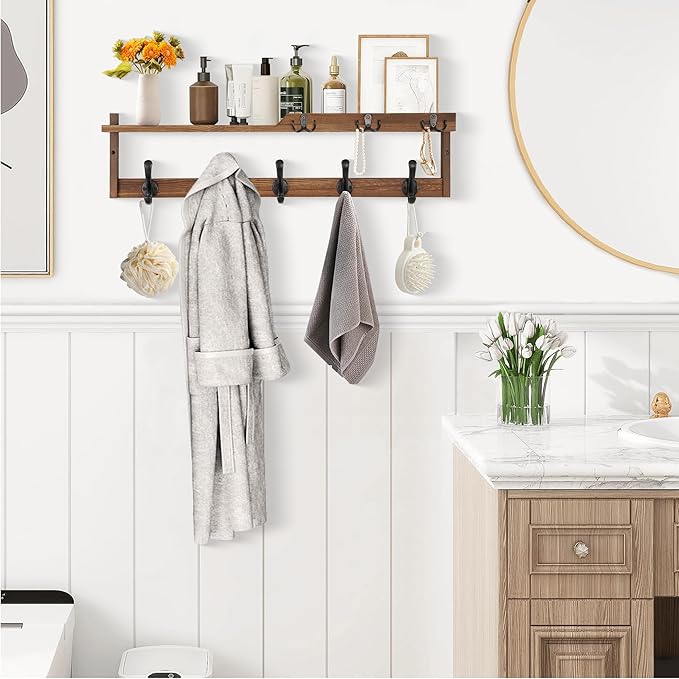 29'' Coat Rack Wall Mount with Shelf, Coat Hanger Wall Mount with Key Hooks and Mail Holder, Wood Entryway Floating Shelf wit