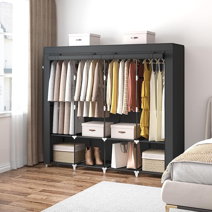 MOGELAFOO 67 Inch Portable Closet Wardrobe for Hanging Clothes, Wardrobe Closet with Cover, 4 Hanging Rods and Side Pockets, 