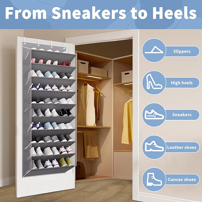 TAHAVICE 30 Pairs Over The Door Shoe Organizer, 10-Tier Hanging Shoe Rack with Deep Pocket for Closet, Extra Large Shoe Stora