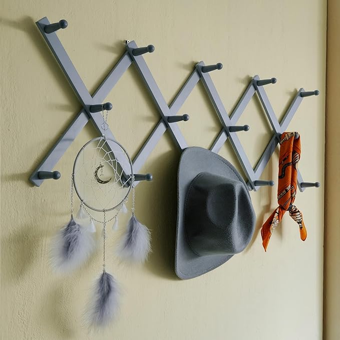 SKOLOO Hat Rack for Wall with 14 Hooks, Solid Wooden, Modern, Expandable Coat Rack Wall Mount for Coats, Hats, Bags, Baseball