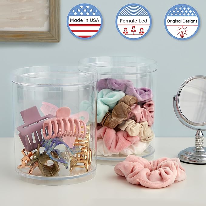 STORi Bella Tall Scrunchie Holder | Stackable Clear Plastic Container (Set of 2) Round Vanity Storage Organizers with Lids fo