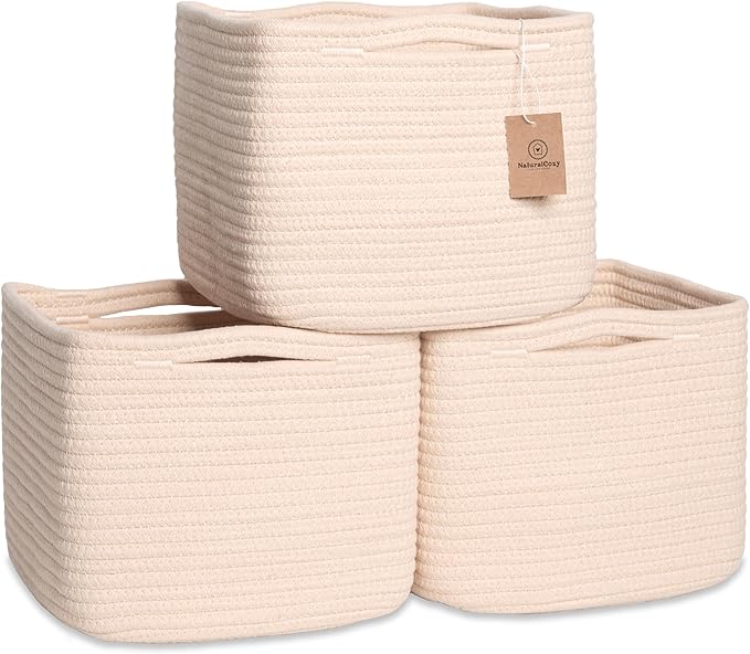 NaturalCozy Storage Cubes 9”x9”x7”Cotton Rope Woven Baskets for Organizing 3-Pack | 9 Inch Cube Storage Bin | Small Basket fo
