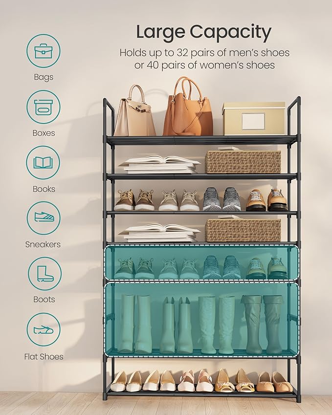 SONGMICS Shoe Rack, 8-Tier Shoe Organizer, Metal Storage Shelf, Upright or Upside Down, for 32-40 Pairs, Stackable, for Entry