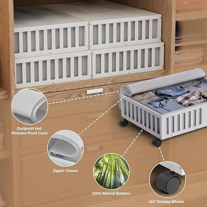 Bamboo Under Bed Storage Containers with Wheels, 2 Pack Under the Bed Shoe Storage Bins, Wood Rolling Underbed Drawers Organi
