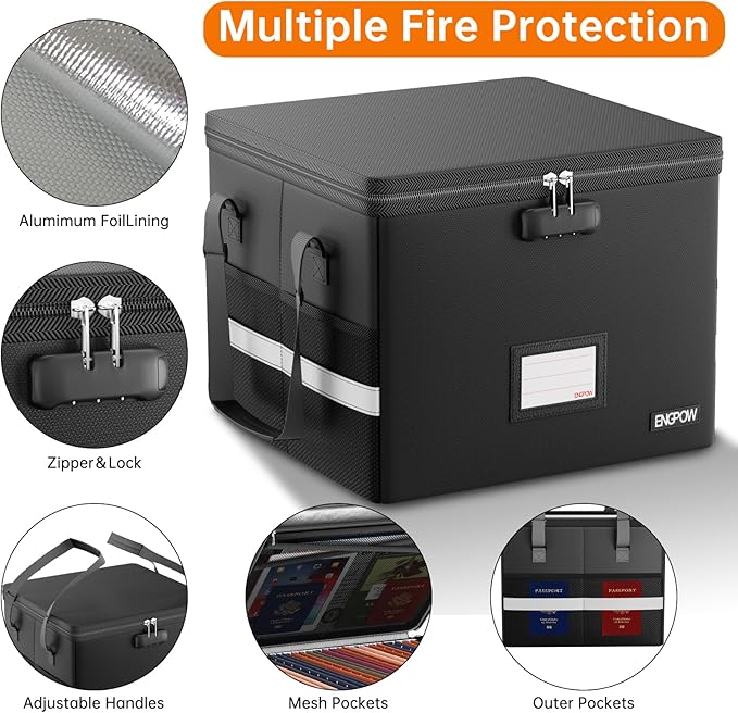 ENGPOW 5200°F Fireproof Document Box with Lock, Heat Insulated Collapsible File Storage Organizer with Handle, Portable Home 