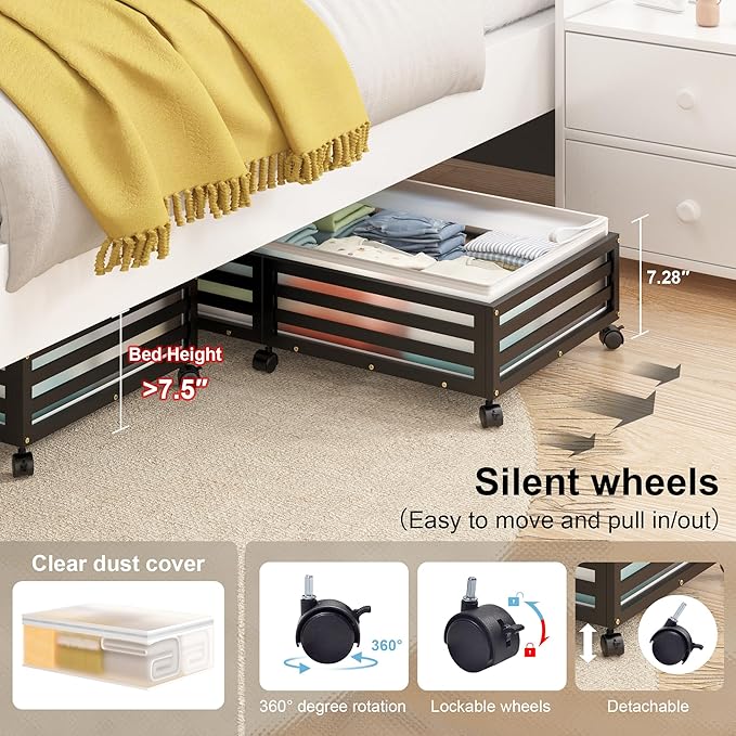 Under Bed Storage Containers With Wheels - 2 Pcs Large Bamboo Wood Rolling Underbed Shoe Storage Bins With Dust Bags for Clot