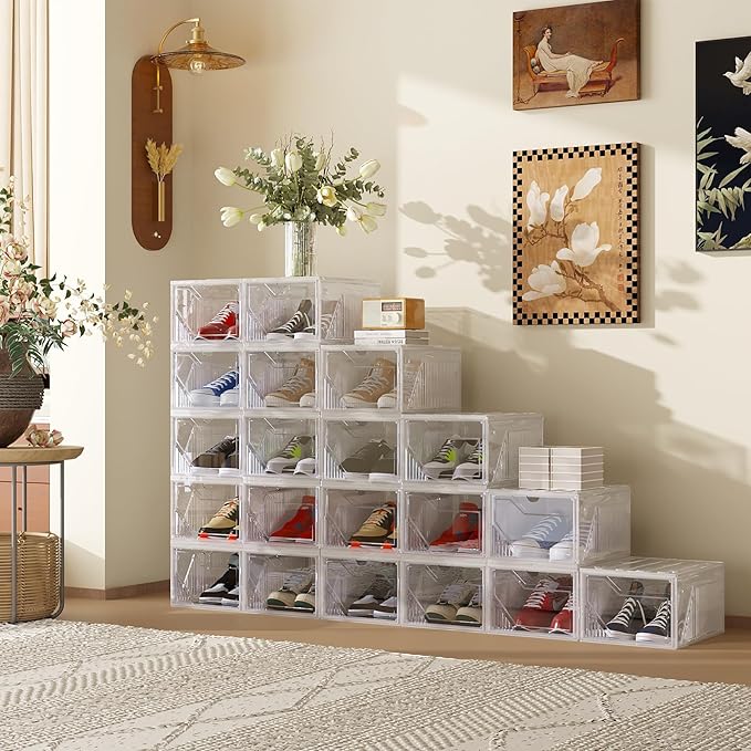 AWTATOS Shoe Storage Boxes, Thickened Shoe Storage Organizer with Clear Magnetic Door, Stackable Shoe Container with Lids, Co