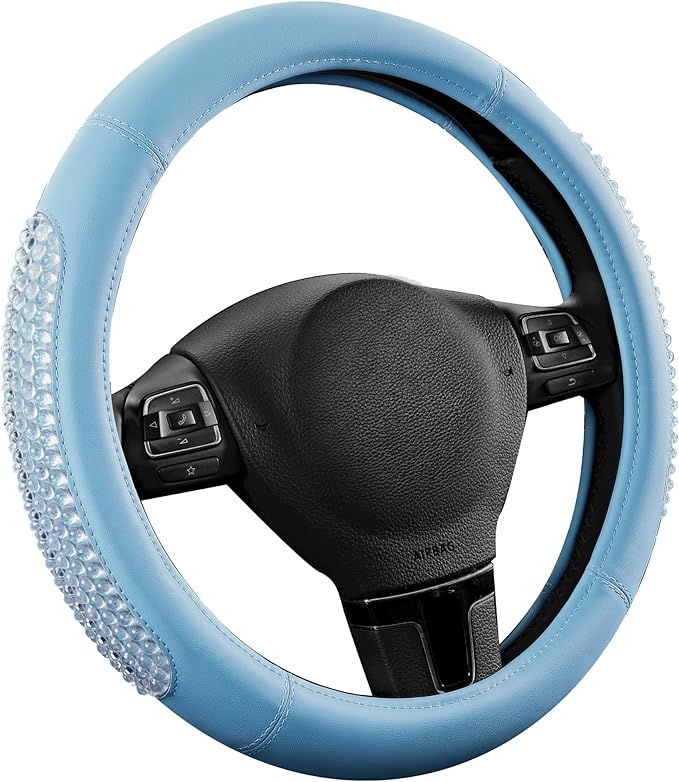 PIC AUTO Steering Wheel Cover, Glitter Gel Particles & Blue Luxury Leather Car Steering Cover, Universal Fit 14.5"-15.5" Anti