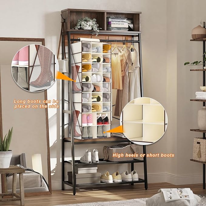 VERONLY Hanging Shoe Organizer for Closet-Collapsible Storage Rack with 25 Sections & 4 Side Pockets, Hanging Shoe Shelves fo