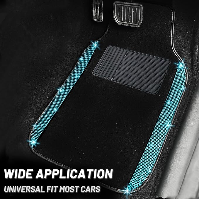 NBTEPEM Bling Car Floor Mats Full Set and Steering Wheel Cover, Universal Fit Most Cars, 4 pcs Sparkle Glitter Diamond Carpet, 5 pcs Bling Car Accessories Set for Women (Aquamarine Diamond)