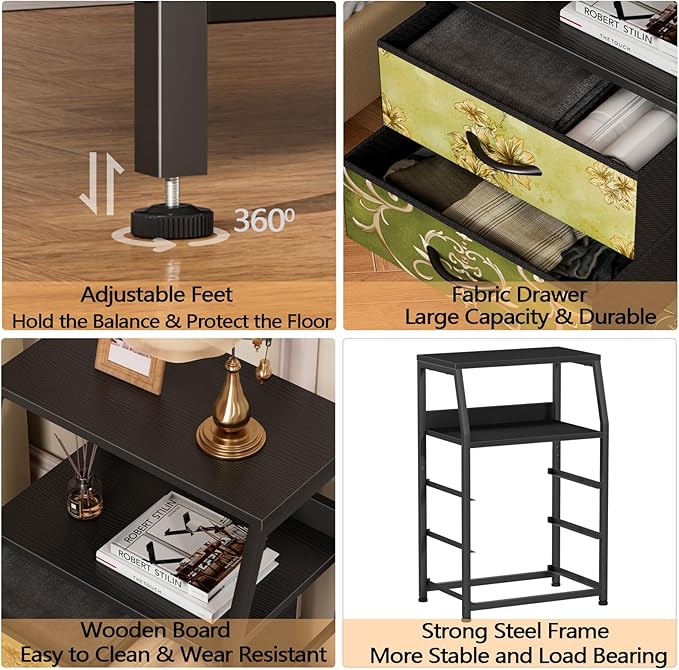 Furnulem Retro Night Stand with 3 Drawers and 2-Tier Shelf, Small Nightstand Side Table, Vintage Storage Dresser for Bedroom,
