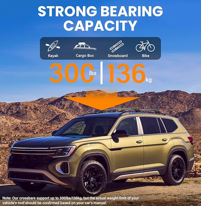 Lockbale 300lbs Roof Rack Cross Bars Fit for Volkswagen VW Atlas 2017-2026 (Not for Atlas Cross Sport), Heavy Duty Aluminum Roof Rails Crossbars Rooftop Cargo Bars Luggage Bike Kayak Racks
