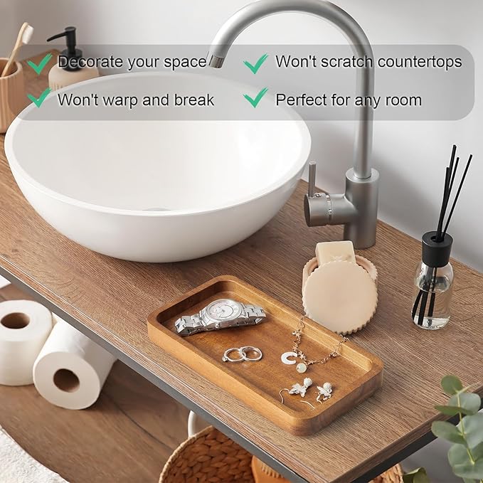 ALELION 8" Acacia Wood Bathroom Vanity Tray for Counter - Dresser Top Tray for Perfume Jewelry Candle Key Catchall - Small Ki