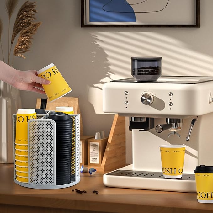 4-Compartment Rotating Paper Cup Holder & Coffee Cup Lid Storage Dispenser, Plastic Cup Dispenser Removable, Space-Saving Cou