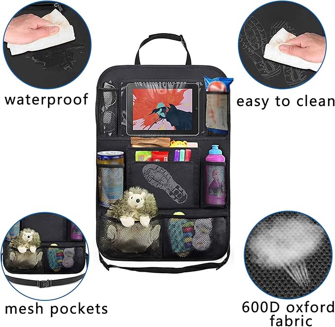 Aokdom 2PCS Car Seat Back Organizer,Extra Large Capacity Car Seat Organizer with 6 Mesh Pocket,2 Cup Holder & 4 Storage Bag,Road Trip Essentials for Kids & Adults