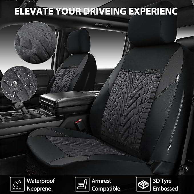 CAR PASS Neoprene Waterproof Seat Covers Full Sets, Wetsuit Car Seat Covers 5 Seats Universal Fit Vans, Truck, SUV, 3D Tyre E