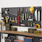 Peg Board 8 Pack Metal Pegboard Panels with 50 Hooks, Heavy Duty Pegboard Wall Organizer, Black Pegboards for Workbench, Gara