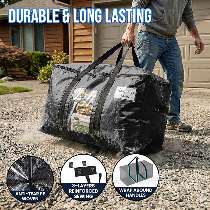 TAILI Extra Large Moving Bags, 2 Pack Black Heavy Duty Totes For Storage with Visible Window, Wrap Around Handles, Storage Ba