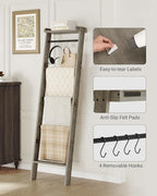 Hzuaneri Blanket Ladder Shelf, Decorative Quilt Rack, 6-Tier Farmhouse Ladder Holder Organizer with 4 Removable Hooks 7.9" D 