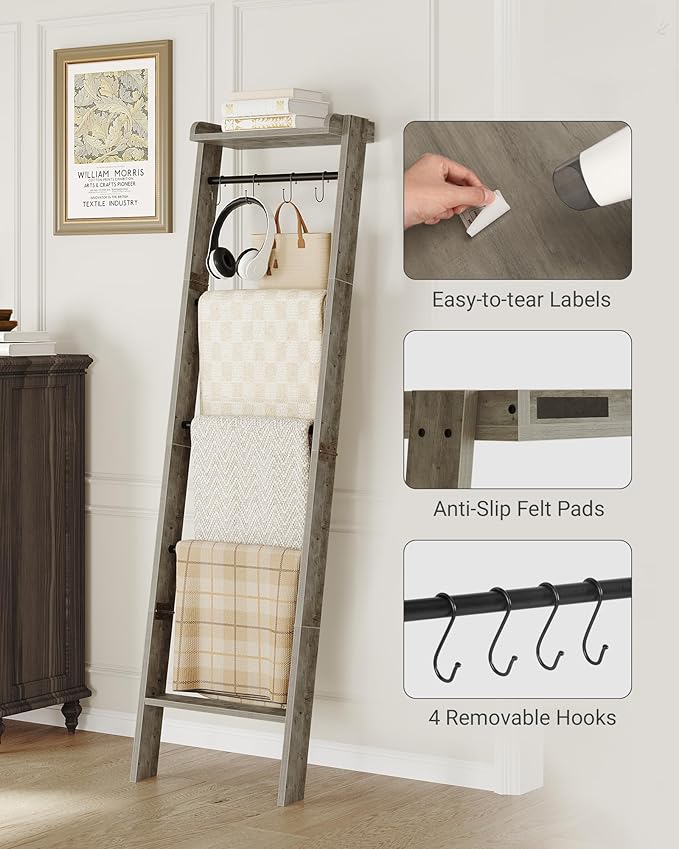 Hzuaneri Blanket Ladder Shelf, Decorative Quilt Rack, 6-Tier Farmhouse Ladder Holder Organizer with 4 Removable Hooks 7.9" D 