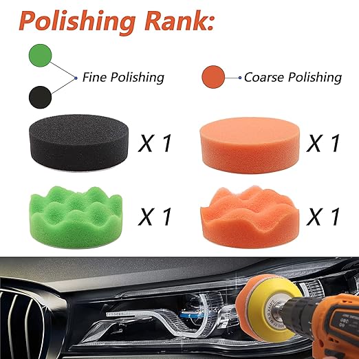 VIBRATITE Car Headlight Restoration Kit, 3 Inch Car Polishing Sanding Kit with 1/4 Inch Shank Backing Pad, Drill Buffing Sponge Pads, Soft Interface Pad, Headlight Lens Cleaner and Restorer, 37PCS