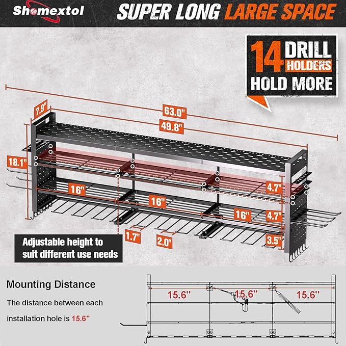 49.8" W Large Power Tool Organizer Wall Mount, Heavy Duty Tool Organizer with 14 cordless Drill Holder, 4 Layers Garage Organ