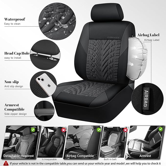 CAR PASS Neoprene Waterproof Seat Covers Full Sets, Wetsuit Car Seat Covers 5 Seats Universal Fit Vans, Truck, SUV, 3D Tyre E