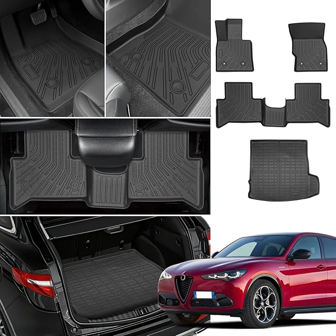 Floor Mats for Alfa Romeo Stelvio & Stelvio Quadrifoglio 2018-2025, Floor Mats for Stelvio Base Ti Veloce, 2 Row Floor Mats & Cargo Mat(with Subwoofer), TPE Anti-Slip Stelvio Mats Accessories