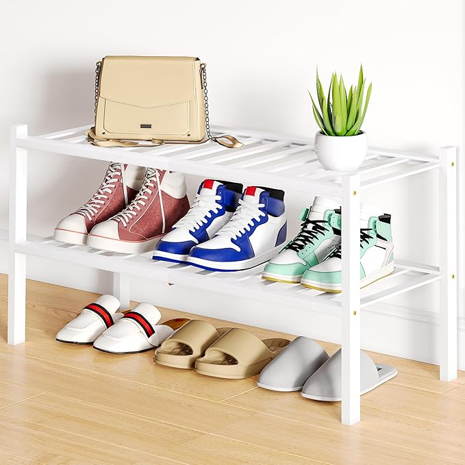 Smiry Shoe Rack, 2 Tier Bamboo Shoe Organizer, Stackable Free Standing Wooden Shoe Storage Shelf for Closet, Entryway, Front 
