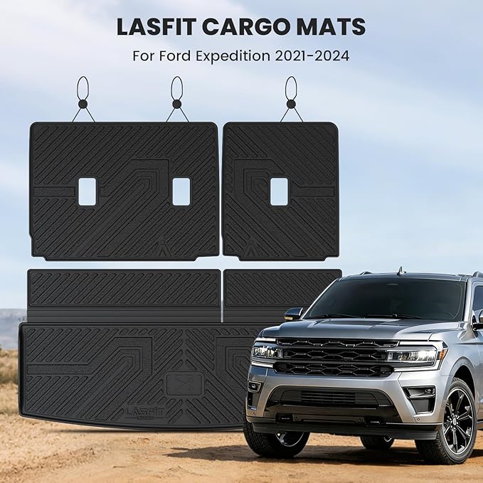 LASFIT Cargo Mat for Ford Expedition 8 Seats Standard 2021-2024(Not Fit 7 Seats Max) Backrest Liner, Custom Fit All Weather Protector Split Design Easy Installation Trunk with Seatback Mat,4 pcs Black