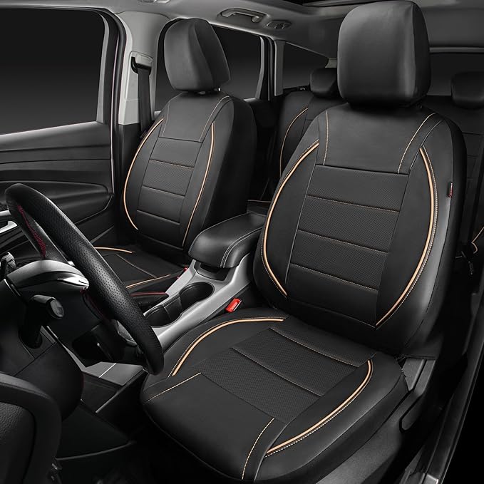 CAR PASS Universal FIT Piping Leather Car Seat Cover, for suvs,Van,Trucks,Airbag Compatible,Inside Zipper Design and Reserved Opening Holes (Full Set, Black and Beige)