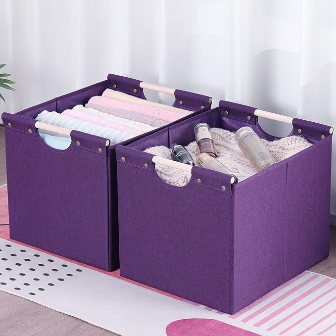 HOONEX Large Collapsible Storage Bins, Linen Fabric, Pack of 2, Storage Baskets with Wooden Carry Handles and Sturdy Heavy Ca