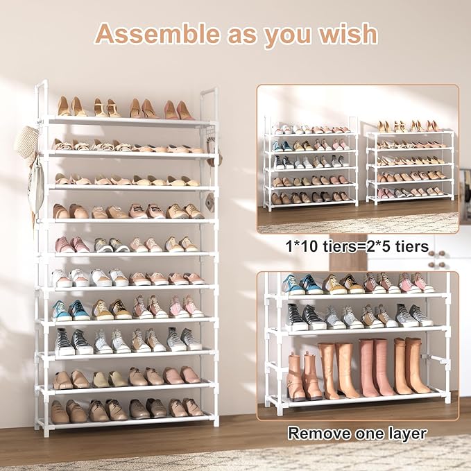 VTRIN 10 Tiers Shoe Rack Tall Large Capacity Wide Shoe Organizer Sturdy Shoe Shelf for Entryway with Two Hooks Metal Shoe Sto