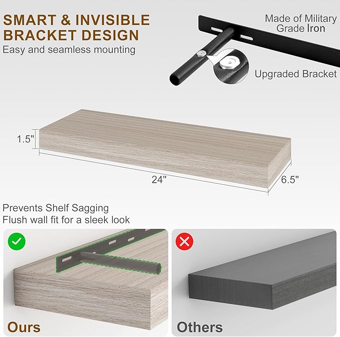 Fun Memories Floating Shelves for Wall, 24 Inch Floating Shelves Set of 2, Hanging Shelf with Invisible Brackets, Wood Shelve