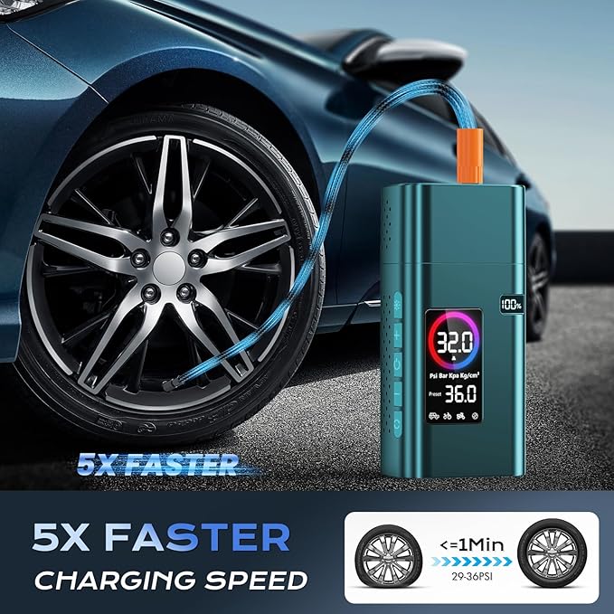180psi Tire Inflator Portable Air Compressor,26000mah Air Pump For Car Tires,5x Fast Bicycle Pump With Digital Lcd Pressure Gauge/Led Light/Power Bank, Bike, Motorcycle(Blue）