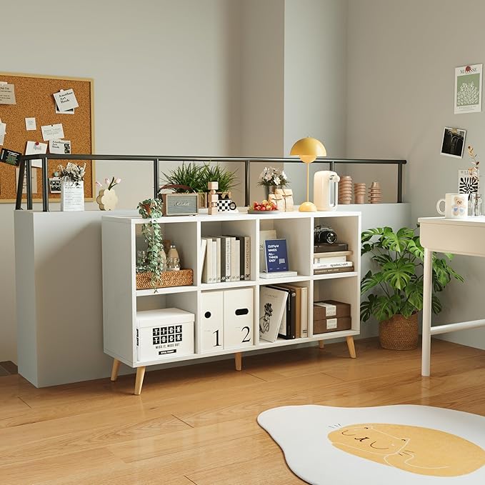 Flrrtenv 8-Cube Bookshelf 2 Tier Modern Bookcase with Legs, 11in Shelf Opening, 47" Wood Bookshelves Storage Organizer Shelf,