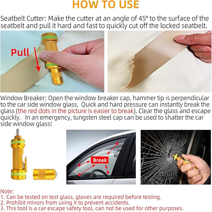 2-in-1 Window Breaker Seatbelt Cutter, Car Window Breaker Tool, Metal Glass Breaker - Extended Tungsten Steel Hammer Tip, Can