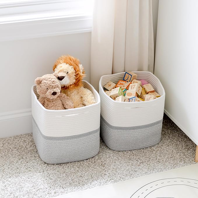NaturalCozy Storage Cubes 11 Inch Cotton Rope Woven Baskets for Organizing, 3-Pack | Cube Storage Bin | Square Storage Basket