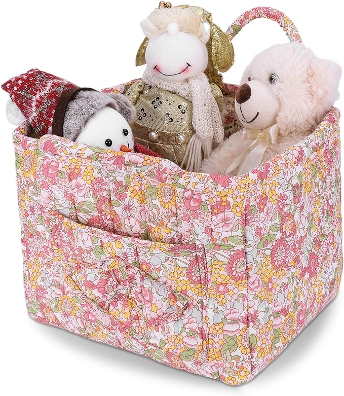 Storage Basket Boho Fabric Large Collapsible Floral Laundry Nursery Hamper Portable Folding Storage for Clothes Toys (Yellow)