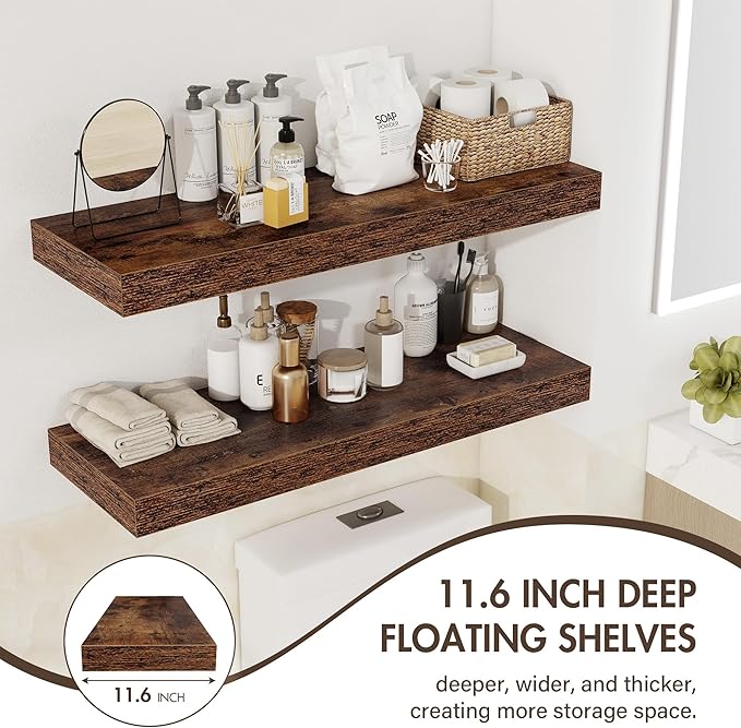 36 Inch Floating Shelves, 12" Deep Floating Shelf Wall Mounted, 36" Wall Shelves, Rustic Deep Bookshelf, Extra Deeper & Thick